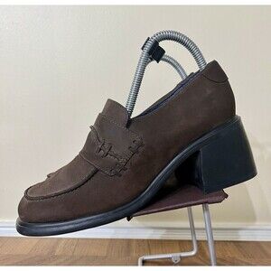 Y2K Shellys London 8/39 Brown Suede Block Heel Chunky Loafers Preppy Clueless